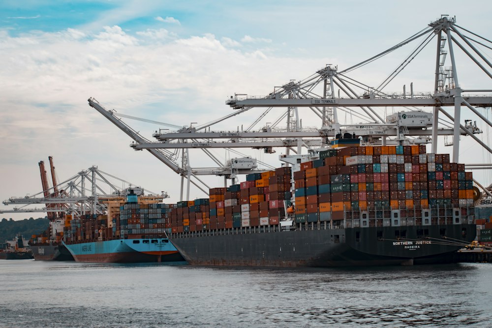 Container ship at port terminal